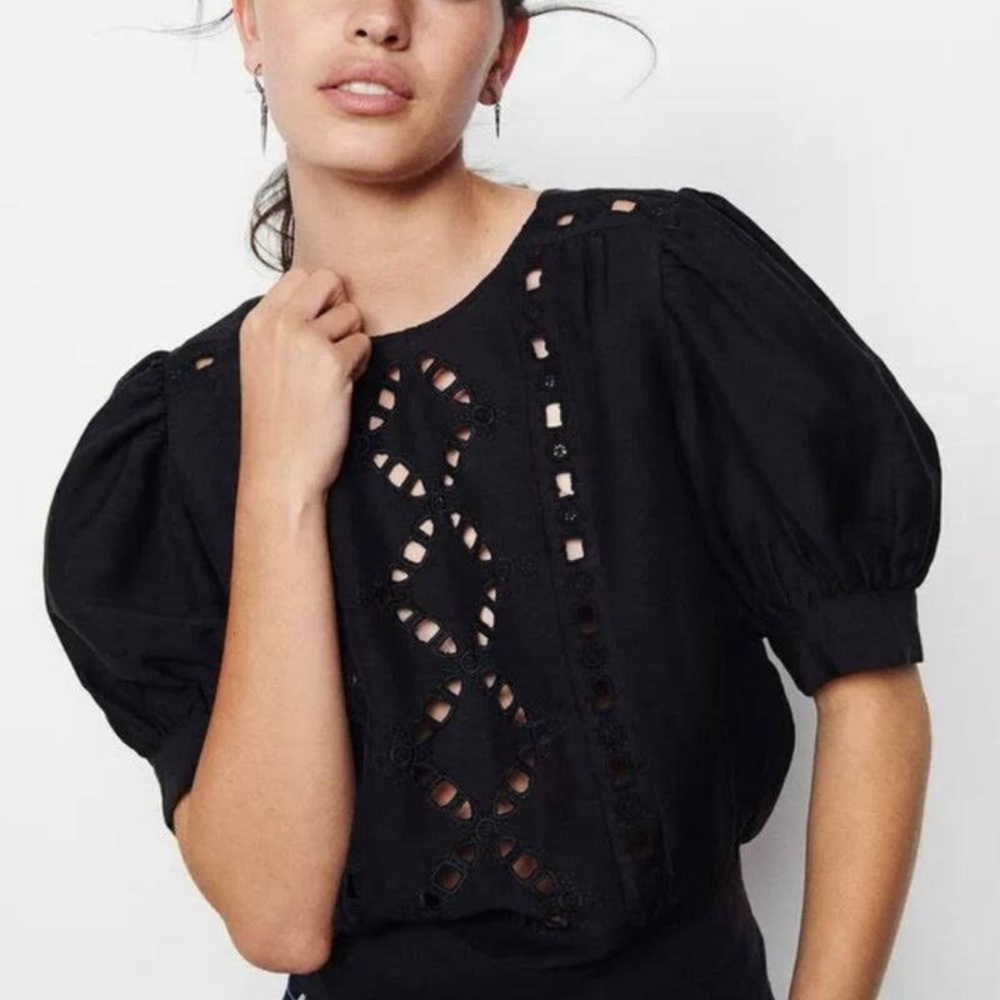 ba&sh Black Eyelet Puff-Sleeve Blouse